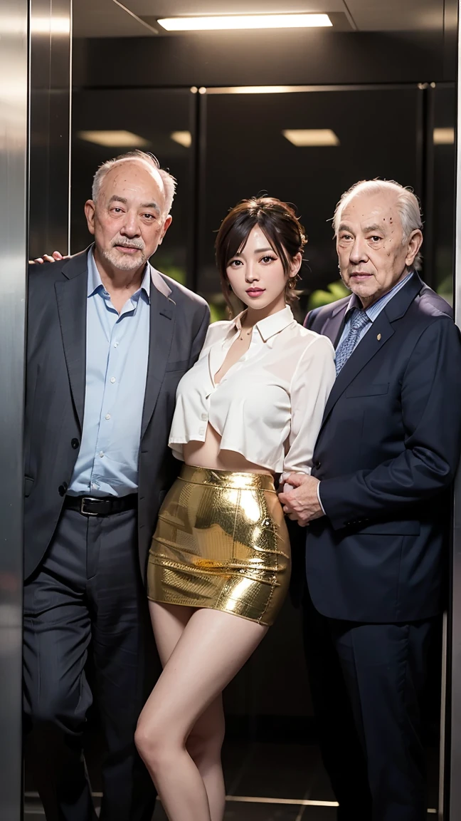 2boys, oldman, Photo of a young asian woman (sandwiched between two old guys), 1girl hangging file report, wearing crop business suit, thigh skirt , threesome, in a crowded elevator, detailed character design (masterpiece, photorealistic:1.2), high quality, intricate details, highly detailed background, 8k