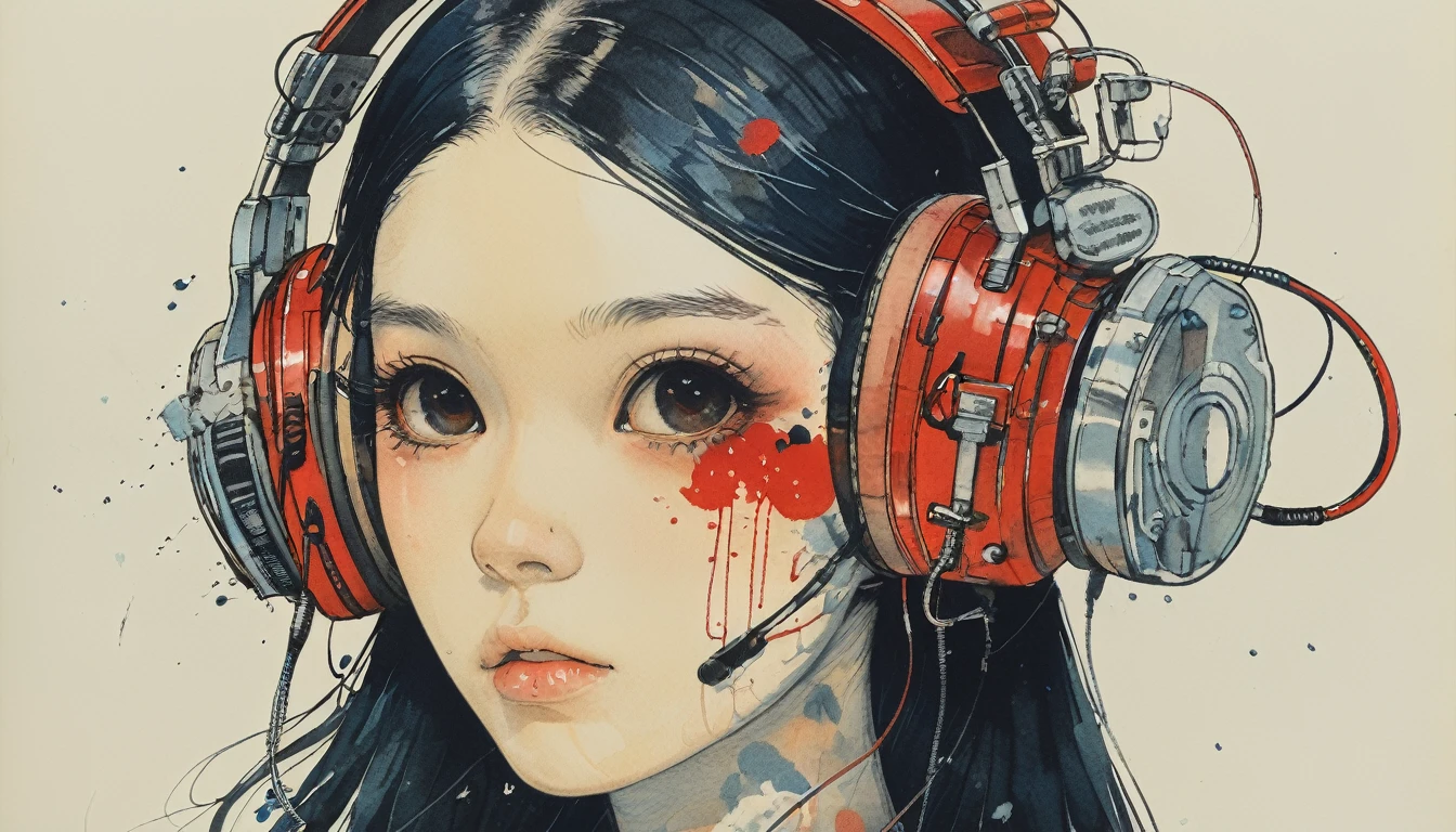 Cover your entire face with a skull mask, Highest quality, Katsushika Hokusai, Ink Painting, beautiful girl, Japanese style headphones, Delicate and precise, Modern ukiyo-e style, long hair, Japanese flag