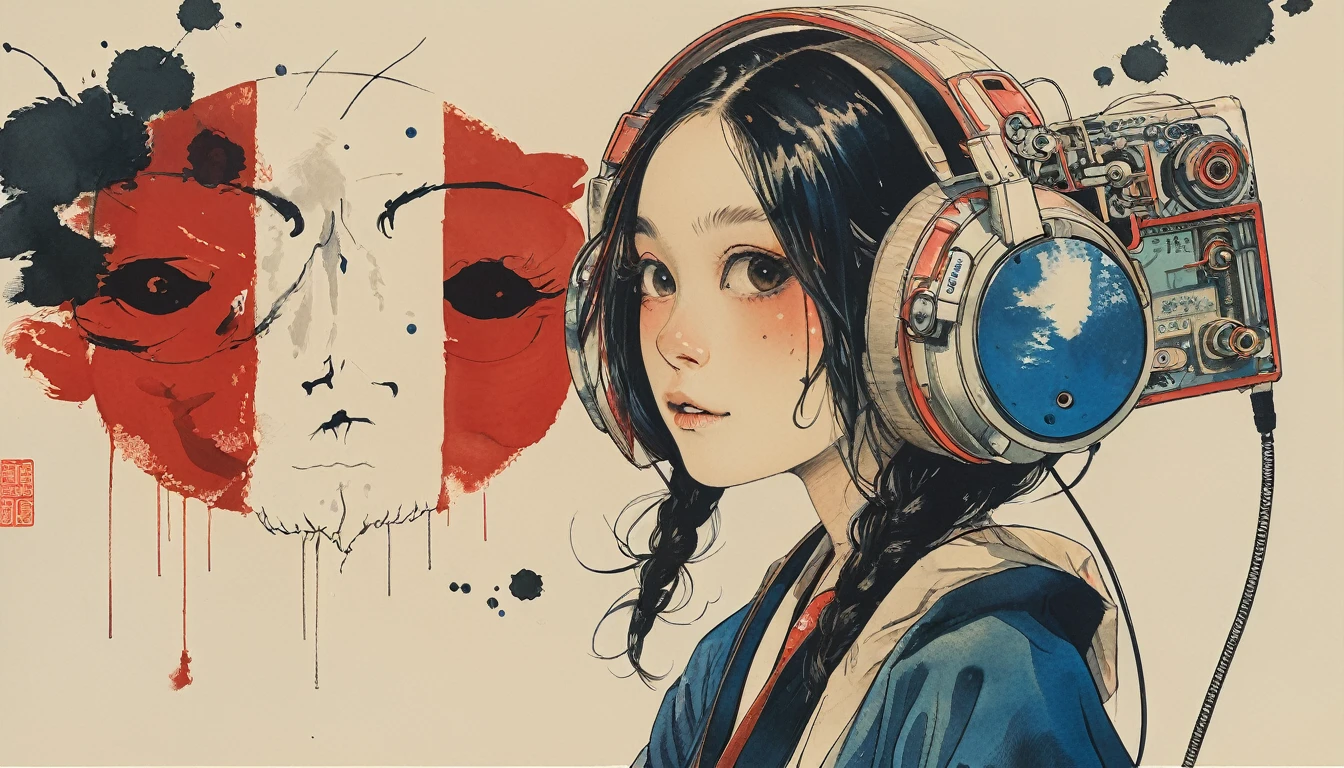 Cover your entire face with a skull mask, Highest quality, Katsushika Hokusai, Ink Painting, beautiful girl, Japanese style headphones, Delicate and precise, Modern ukiyo-e style, long hair, Japanese flag