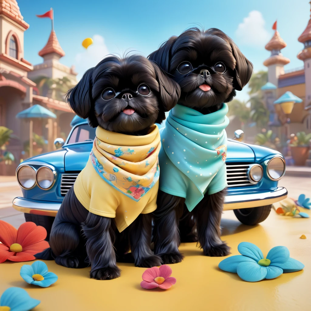 2 Adorable small black Shih Tzu puppies wearing bright bandannas sunglasses washing car Disney background 3d cartoon 3d render disney pixar style