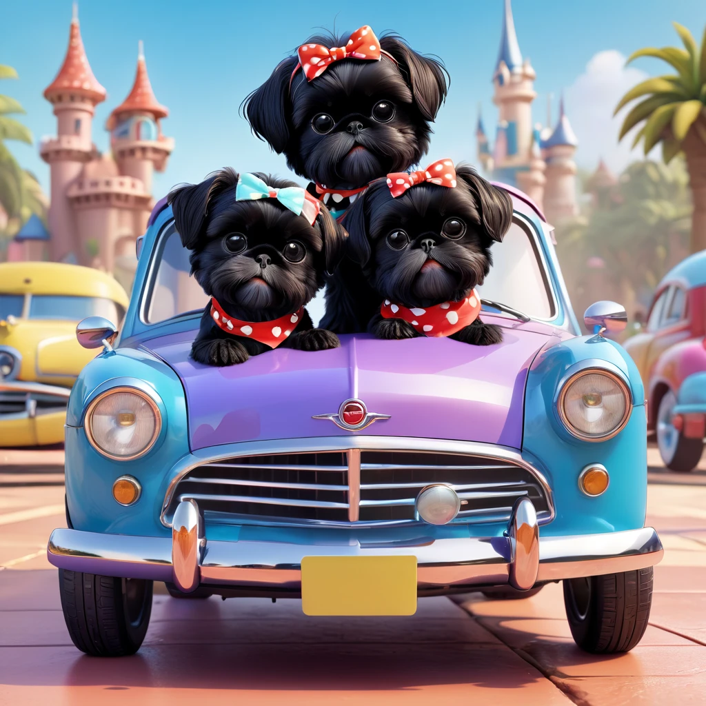 2 Adorable small black Shih Tzu puppies wearing bright bandannas and sunglasses swimming with dolphins Disney background 3d cartoon 3d render disney pixar style