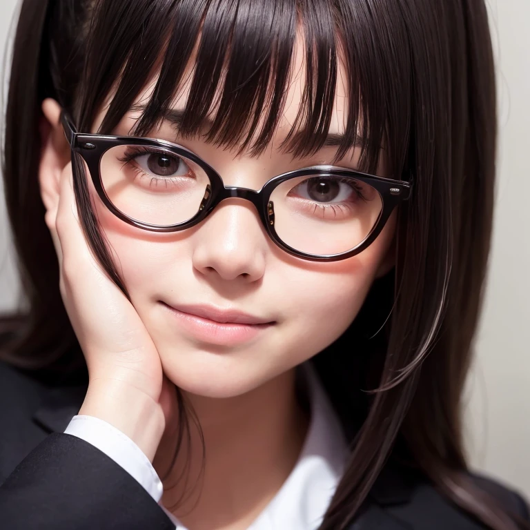 a masterpiece portrait of a beautiful young woman with a small face and a cute embarrassed smile expression, wearing red glasses , With closed eyes wearing a crow mask, wearing a black formal blazer and a short skirt, in an office setting, shot with a DSLR camera, high-quality 8k UHD image with realistic skin details, detailed facial features, rim lighting, lying on the bed