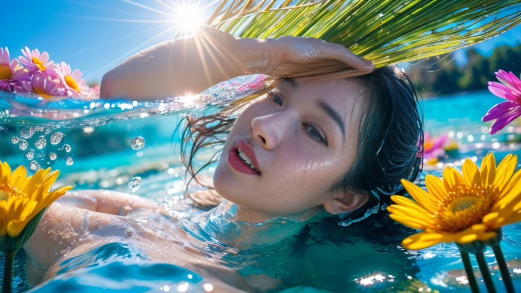 close up (face) (focus on face) ((face soaked in water) portrait of a cute woman, close eyes (gldot) bathing in a river full of ((colorful flower)), clear blue water crystal clear, reeds, (backlighting), realistic, masterpiece, highest quality, lens flare, shade, bloom, [[chromatic aberration]], by Jeremy Lipking, by Antonio J. Manzanedo, digital painting, nudity