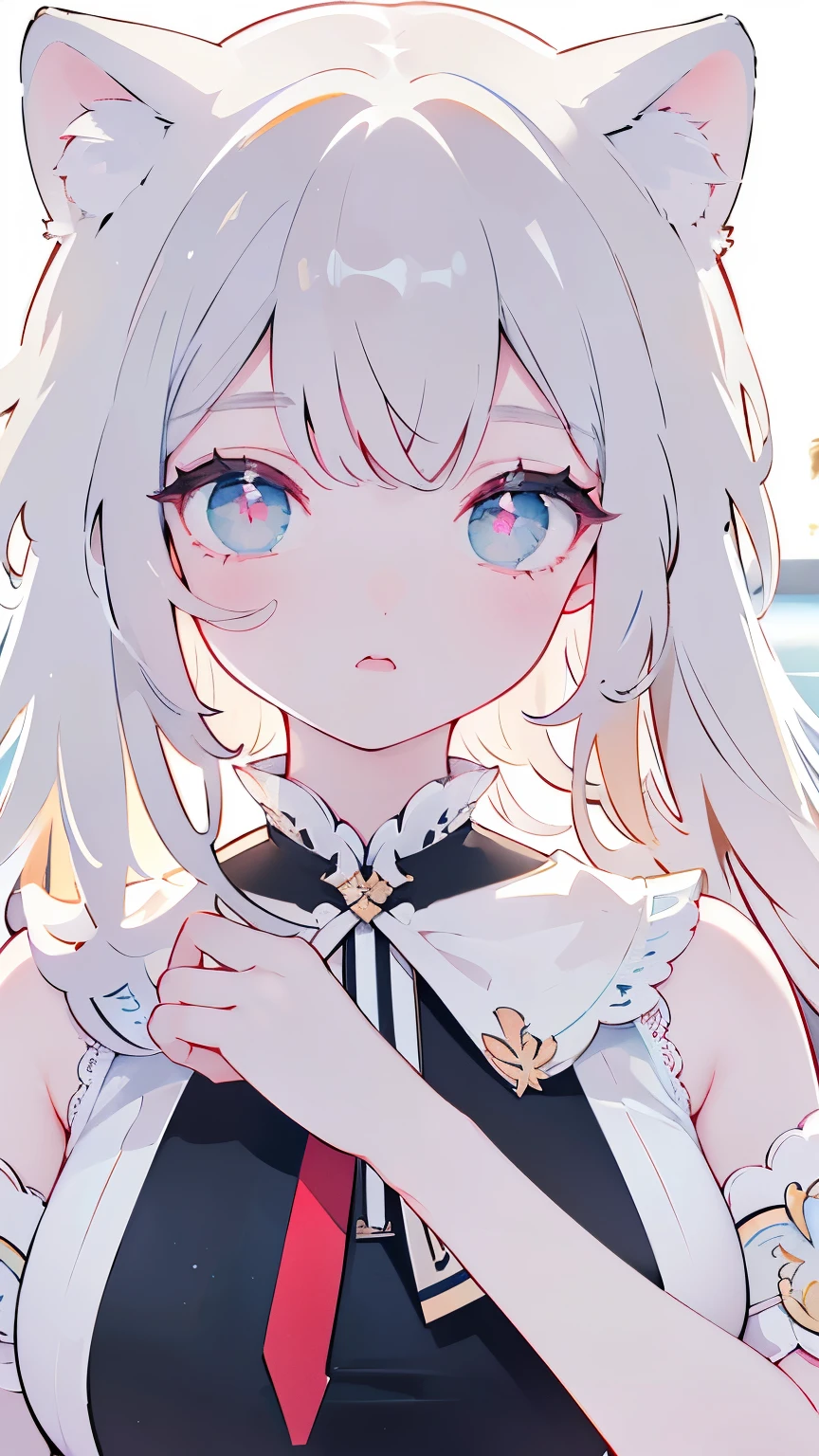 Tsundere 18 year old girl,Beautiful and delicate eyes, beautiful lips, Eyes and faces rich in detail, 1girl, white cat ears, (top quality, 4K, 8K, high resolution, masterpiece:1.2), Ultra-detailed, (realistic, realistic, realistic, realistic, realistic: 1.37), very large breasts,fantasy, soft lighting, white background, Death's Scythe, holding a weapon, show your armpits,red eyes, School Uniforms