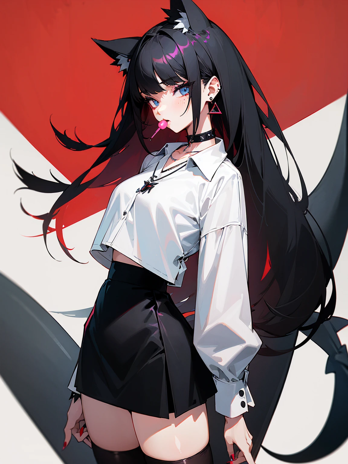 ((Long Straight Black hair)), Perfect face, Choker, Punk earrings, ((Tall)), ((High Quality)), Necklace, ((Mature)), Pretty Eyes, Sharp Nails, Bangs, ((1 Girl)), ((Multiple Earrings)), 1 girl, Spiky Earrings, Adult, Spiked Collar, Thin Eyelashes, Plain Background, Red Colors in Background, Shark Girl, Long Tail, Large Tail, Massive Tail, Shark Tail, ((Black Goth Mini Skirt)), ((White Shirt)), Close Up, Very Short Mini Skirt, Tall, Long Legs, Sexy Thigh Highs, Dynamic Pose, Black Tail, 2 moles under left eye, Lolly Pop,