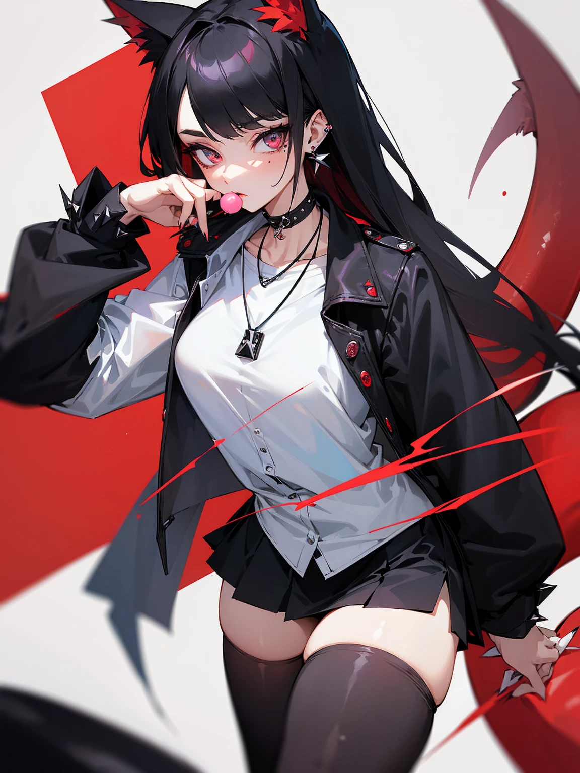 ((Long Straight Black hair)), Perfect face, Choker, Punk earrings, ((Tall)), ((High Quality)), Necklace, ((Mature)), Pretty Eyes, Sharp Nails, Bangs, ((1 Girl)), ((Multiple Earrings)), 1 girl, Spiky Earrings, Adult, Spiked Collar, Thin Eyelashes, Plain Background, Red Colors in Background, Shark Girl, Long Tail, Large Tail, Massive Tail, Shark Tail, ((Black Goth Mini Skirt)), ((White Shirt)), Close Up, Very Short Mini Skirt, Tall, Long Legs, Sexy Thigh Highs, Dynamic Pose, Black Tail, 2 moles under left eye, Lolly Pop,