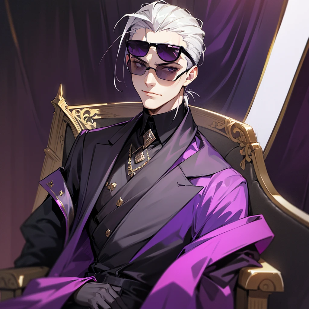 Young man with slicked back hair, black throne, purple and black outfit, sunglasses