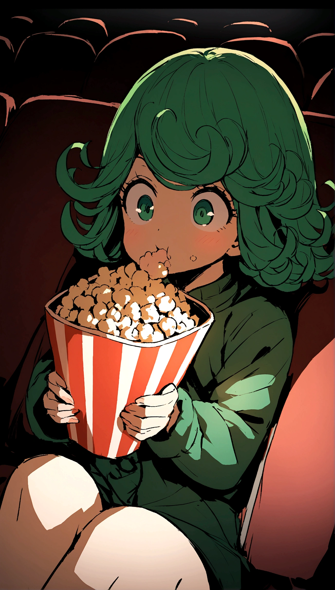 Tatsumaki eating popcorn in a cinema