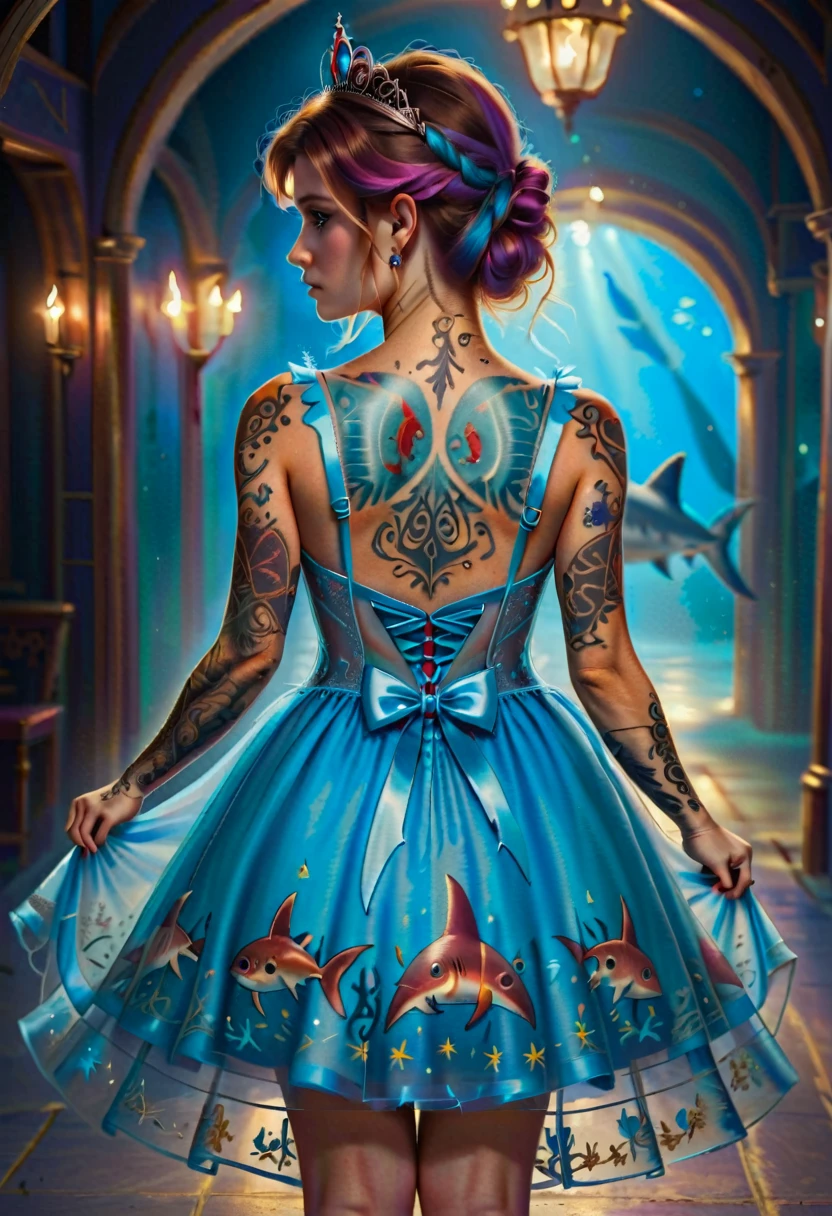Arafed, a picture of a ((shark tattoo: 1.5)) on the back of a (female elf: 1.3), of  glowing tattoo of a ((blue shark: 1.3)) the shark tattoo is vivid, intricate detailed coming to life rising from the ink to real life, most beautiful face ultra detailed face, dynamic hair color, dynamic hair style, small pointed ears,  AlchemyPunkAI, shoot taken from the back, ((the back is visible: 1.3), she wears a transparent dress that the tattoos glow, princess dress