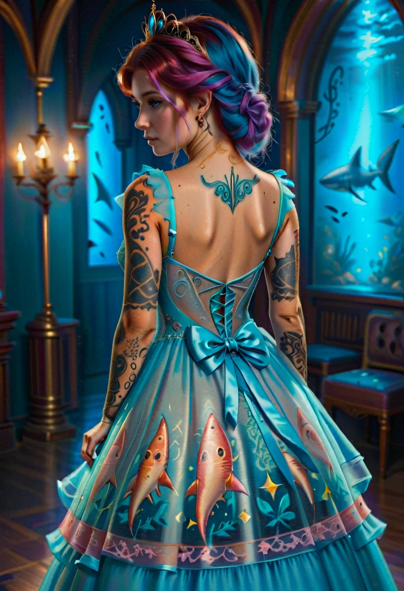 Arafed, a picture of a ((shark tattoo: 1.5)) on the back of a (female elf: 1.3), of  glowing tattoo of a ((blue shark: 1.3)) the shark tattoo is vivid, intricate detailed coming to life rising from the ink to real life, most beautiful face ultra detailed face, dynamic hair color, dynamic hair style, small pointed ears,  AlchemyPunkAI, shoot taken from the back, ((the back is visible: 1.3), she wears a transparent dress that the tattoos glow, princess dress