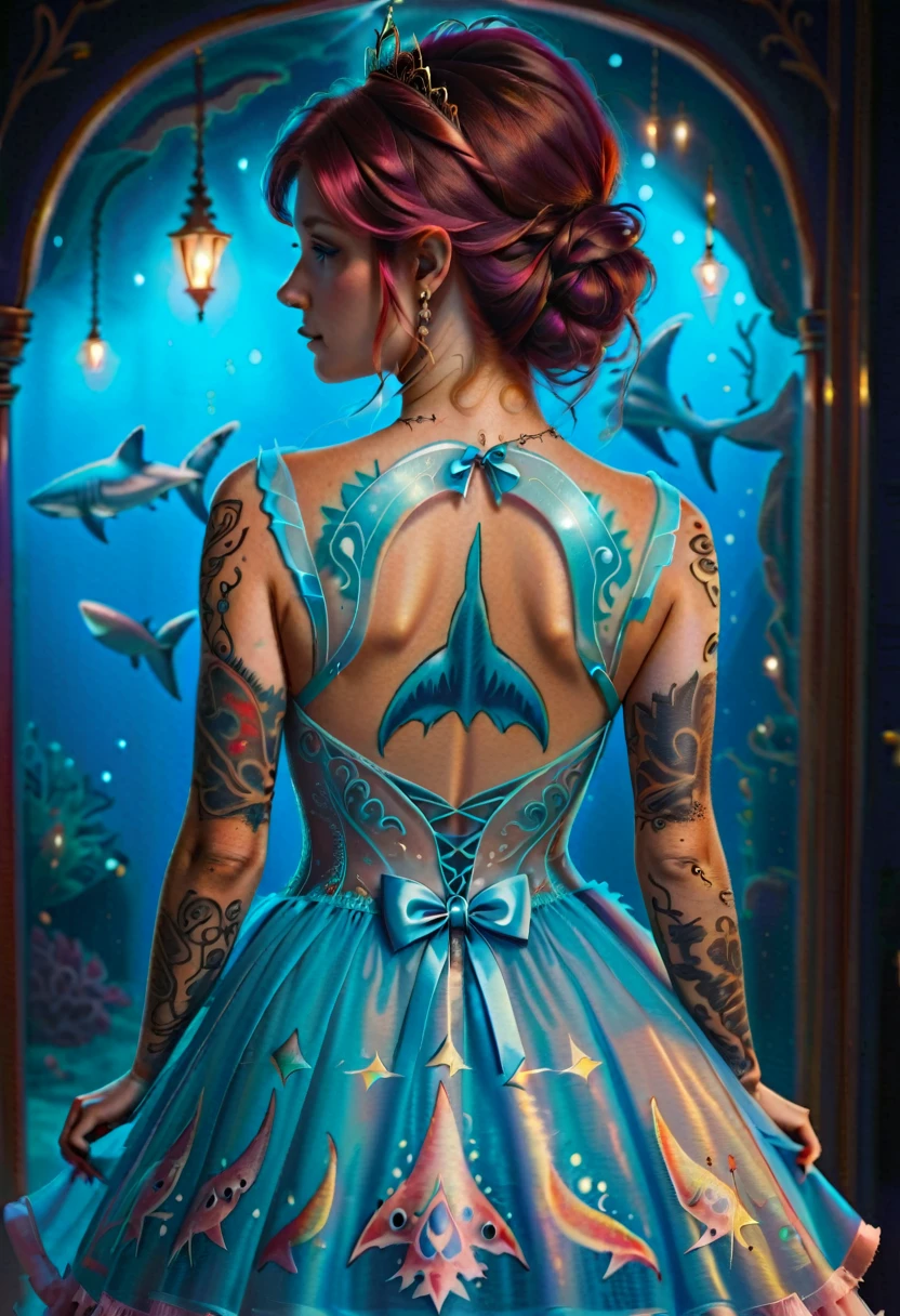 Arafed, a picture of a ((shark tattoo: 1.5)) on the back of a (female elf: 1.3), of  glowing tattoo of a ((blue shark: 1.3)) the shark tattoo is vivid, intricate detailed coming to life rising from the ink to real life, most beautiful face ultra detailed face, dynamic hair color, dynamic hair style, small pointed ears,  AlchemyPunkAI, shoot taken from the back, ((the back is visible: 1.3), she wears a transparent dress that the tattoos glow, princess dress