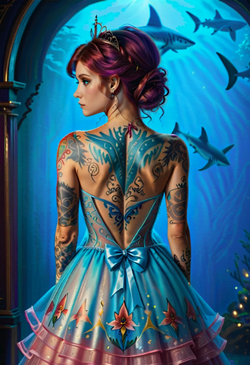 Arafed, a picture of a ((shark tattoo: 1.5)) on the back of a (female elf: 1.3), of glowing tattoo of a ((blue shark: 1.3)) the shark tattoo is vivid, intricate detailed coming to life rising from the ink to real life, most beautiful face ultra detailed face, dynamic hair color, dynamic hair style, small pointed ears, AlchemyPunkAI, shoot taken from the back, ((the back is visible: 1.3), she wears a transparent dress that the tattoos glow, princess dress