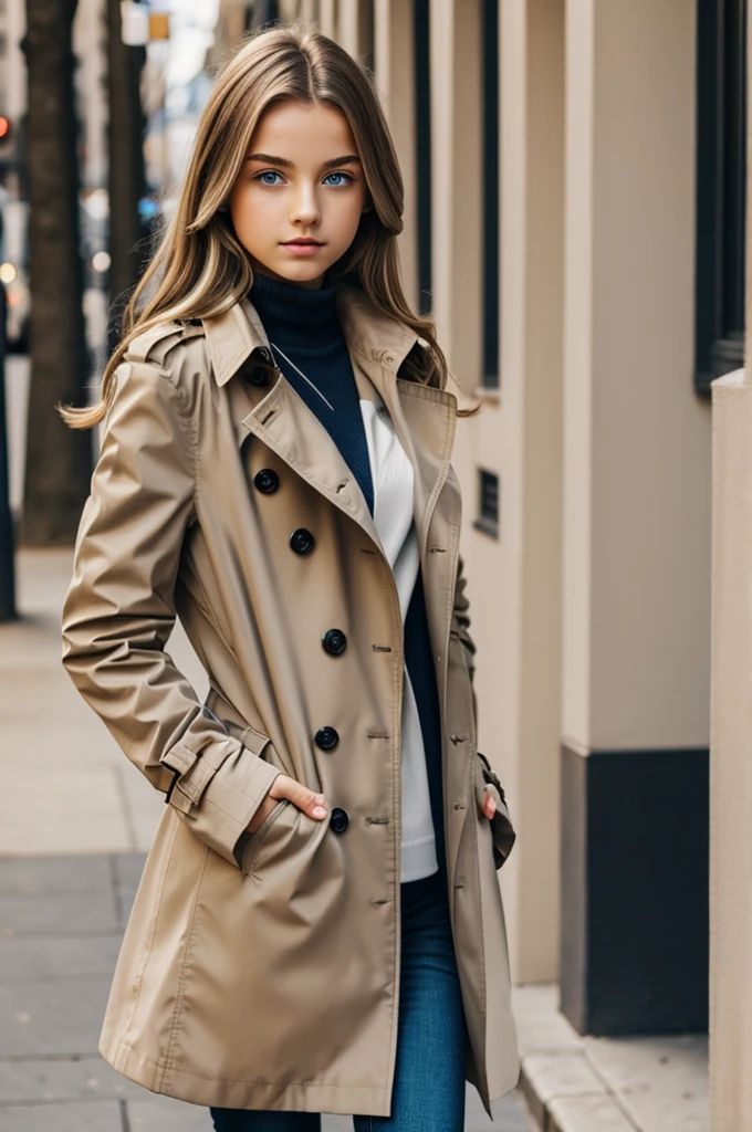  dark blonde girl angular face blue eyes big in beige trench coat 