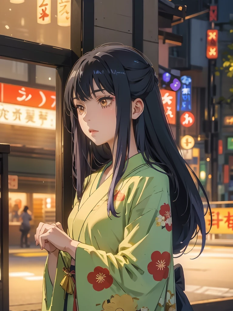   Miko Yotsuya kimono night in firework yelllow eyes, long hair tailed