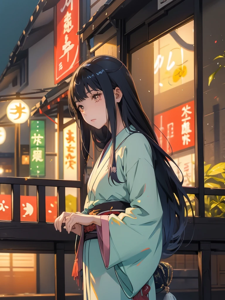   Miko Yotsuya kimono night in firework yelllow eyes, long hair tailed