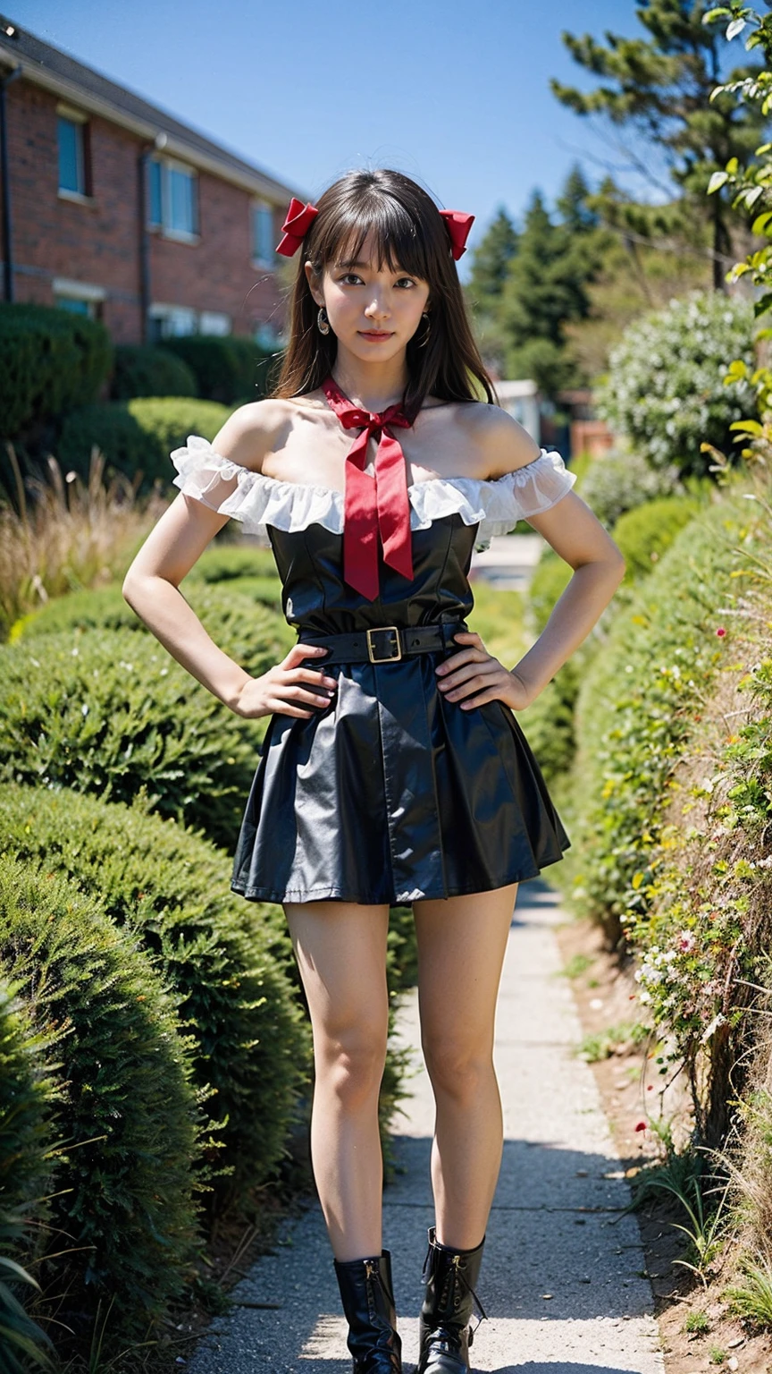 (8K、RAW Photos、Highest quality、masterpiece:1.2)、(Realistic、Realistic)、1 Girl、((mini skirt、smile、Red and Black、Thin legs、whole body、boots、Clothes with ribbons、Anime Costumes、Chest ribbon、Off the shoulder、See-through、Frills、garden、View from the front、Ribbon on chest、Looking into the camera、belt、Stand with hands on hips))、