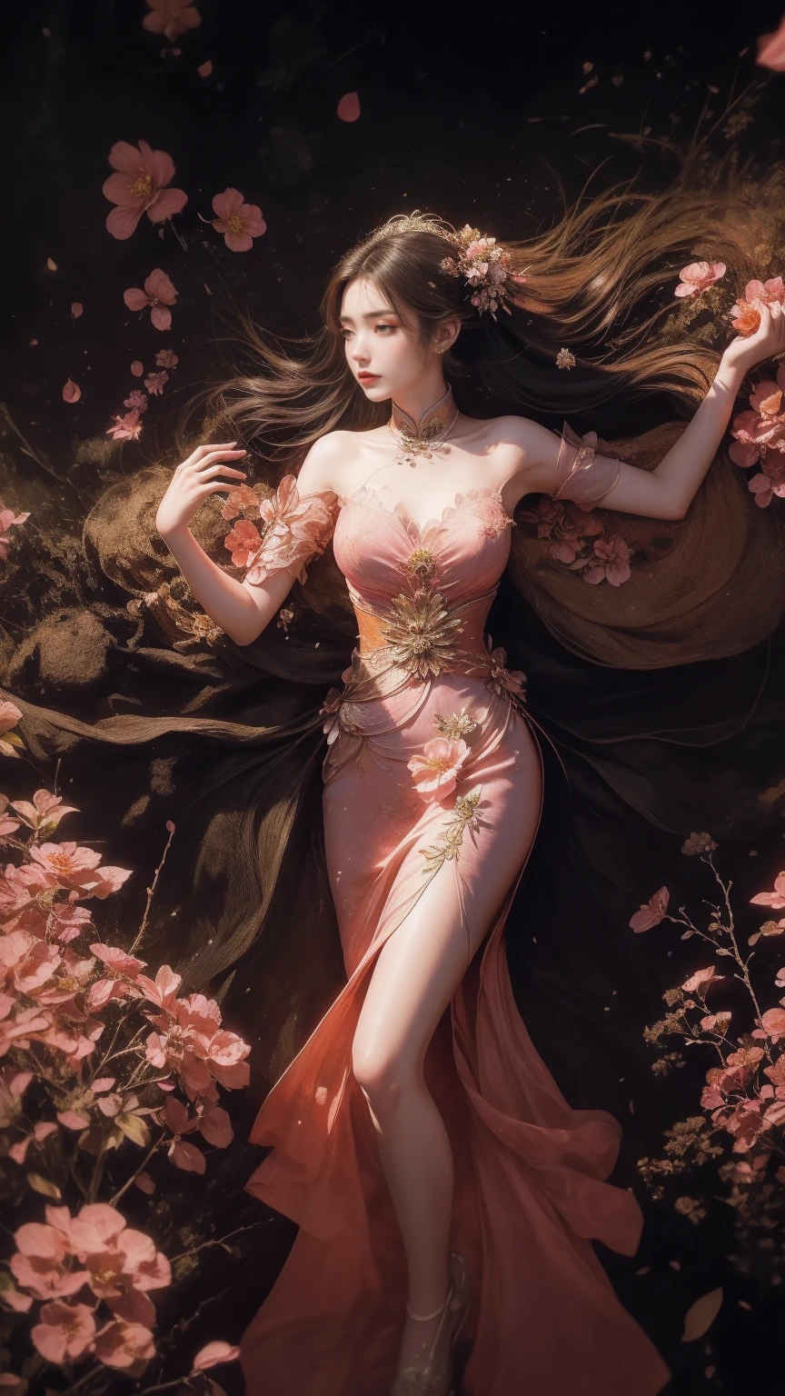 A beautiful woman with perfect curves wearing a long dress that gently flutters in the air,The beautiful woman was standing in a sea of beautiful flowers surrounding her, Chinese traditional, her flexible body increasing with every movement, So enchanting, the dim candlelight, the glowing butterflies fighting the darkness of the night, the light of the moon, The night wind blowing the curtains, the pink flower petals , flower petals flying around the room, Chinese dancing, This woman is so beautiful that she attracts everyone who watches her, ancient China, imperial empress