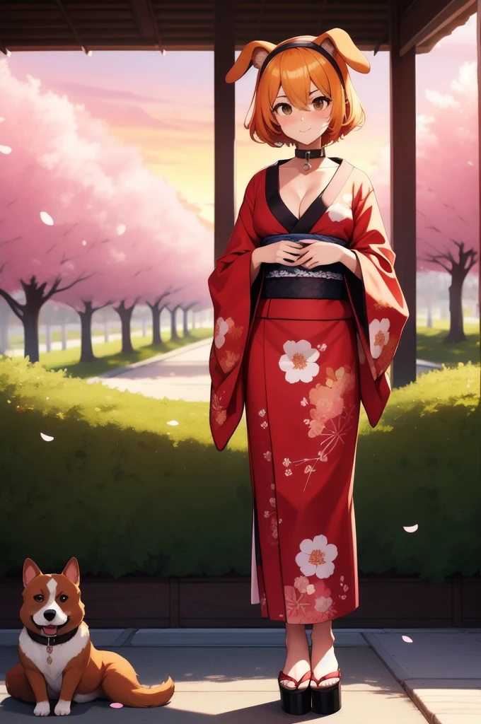 1girl, solo, adult mature woman, age 30, high quality, best quality, highres, high detail, standing, pikkyroxanne, looking at viewer, orange hair, blonde hair, hair between eyes, bangs, brown eyes, breasts, animal ears, collar, black hairband, hairband, tail, dog tail, dog ears, cleavage, floppy ears, black collar, dog girl, Japanese kimono, traditional design, submissive pose, serene garden setting, cherry blossoms, sunset hues, vibrant, detailed, 8k resolution, sneeze, standing, full body