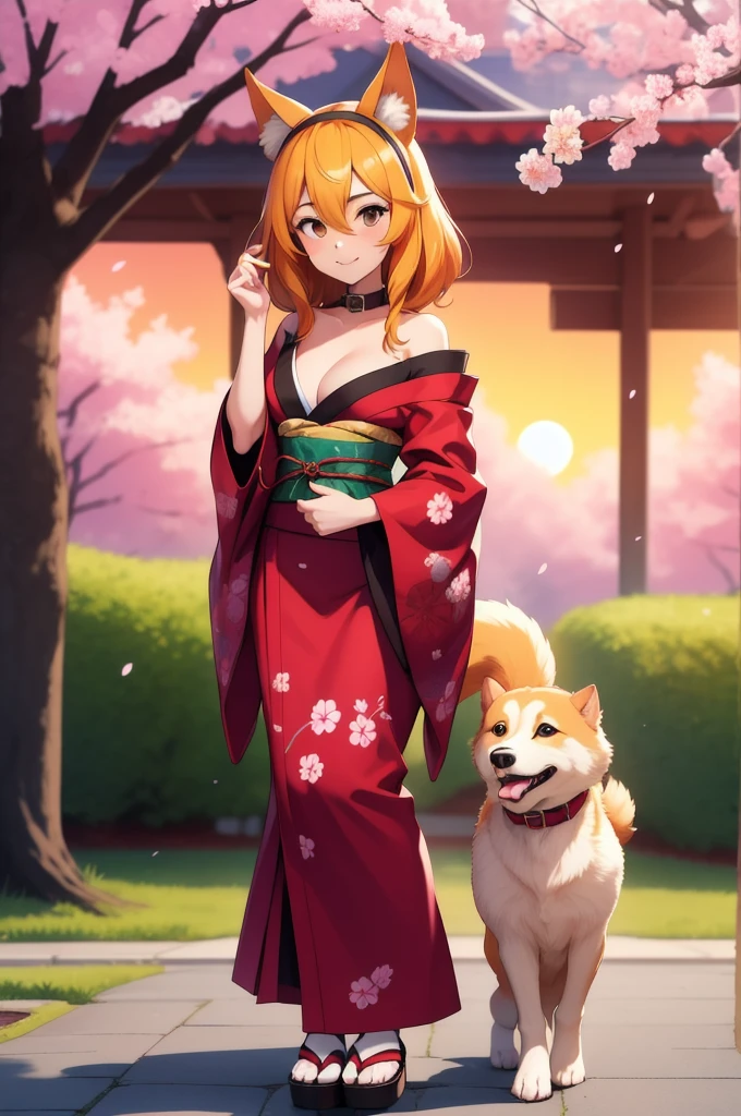 1girl, solo, adult mature woman, age 30, high quality, best quality, highres, high detail, standing, pikkyroxanne, looking at viewer, orange hair, blonde hair, hair between eyes, bangs, brown eyes, breasts, animal ears, collar, black hairband, hairband, tail, dog tail, dog ears, cleavage, floppy ears, black collar, dog girl, Japanese kimono, traditional design, submissive pose, serene garden setting, cherry blossoms, sunset hues, vibrant, detailed, 8k resolution, sneeze, standing, full body