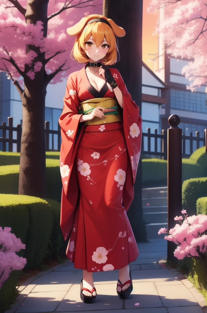 1girl, solo, adult mature woman, age 30, high quality, best quality, highres, high detail, standing, pikkyroxanne, looking at viewer, orange hair, blonde hair, hair between eyes, bangs, brown eyes, breasts, animal ears, collar, black hairband, hairband, tail, dog tail, dog ears, cleavage, floppy ears, black collar, dog girl, Japanese kimono, traditional design, submissive pose, serene garden setting, cherry blossoms, sunset hues, vibrant, detailed, 8k resolution, sneeze, standing, full body 