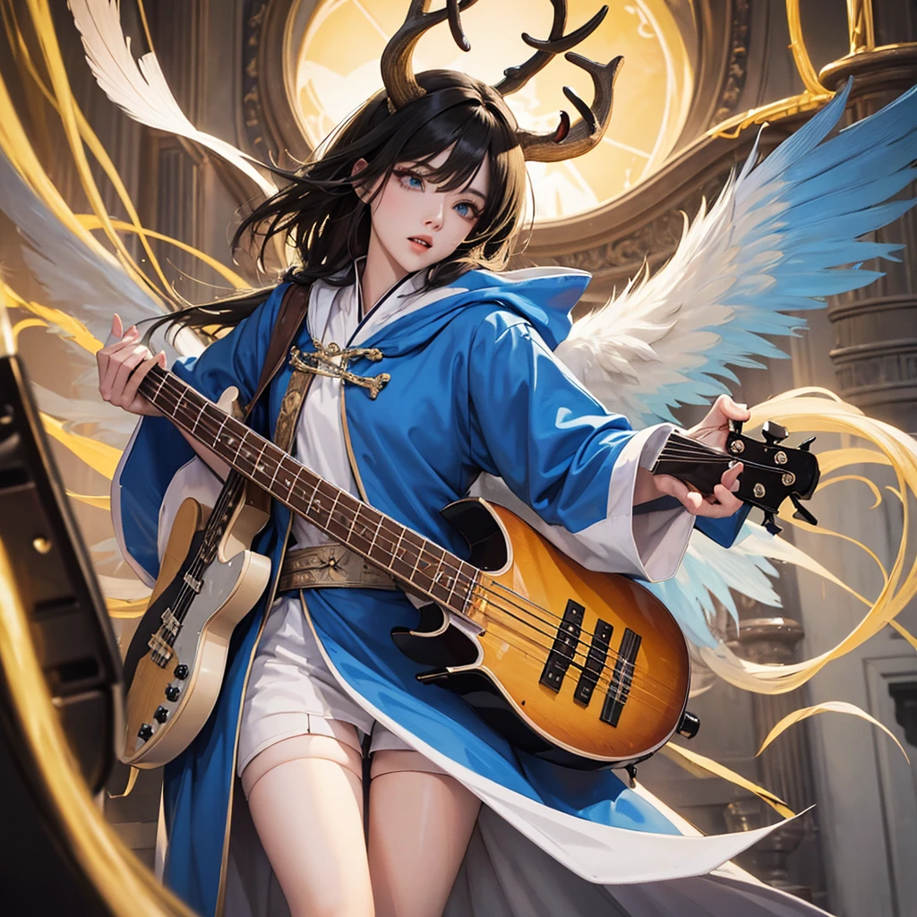 Make a blonde angel, blue colored eyes, bass guitar, bonitas, dressed in a long cloak, Caucasian skin, and 4 wings and at your side, a demon, with black hair, red skinned, antlers, sharped teeth, yellow eyes, Cao Cao, with feathers a cloth that covers the private parts