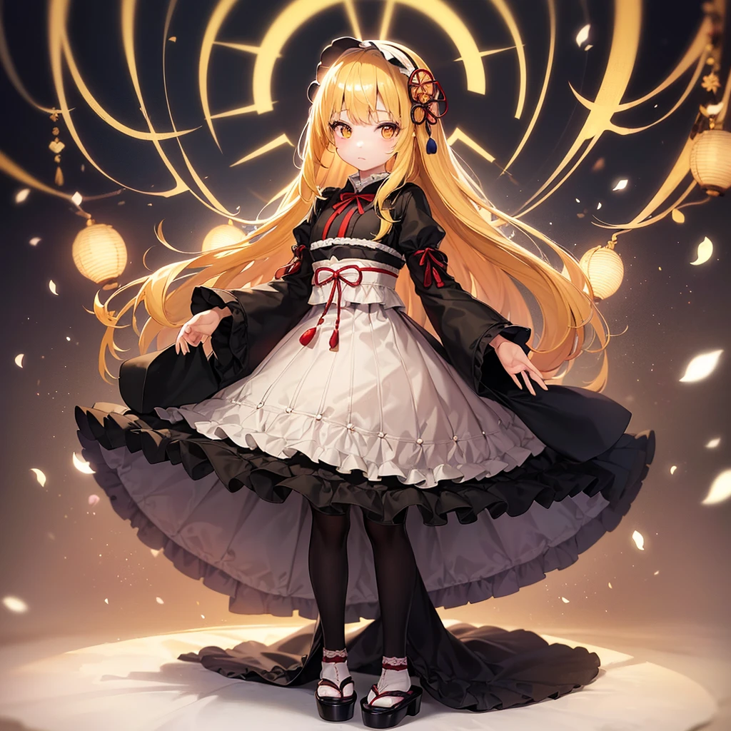 ((Japanese clothing)),((Lolita Fashion)),Cute little ,Tiny ,Small girl,,Childish face, Very fine clean face,Top quality,Straight Hair,Yellow hair,(Dark Room), Subtle light, Natural light,Soft lighting,Light from directly behind,(Open your hands), (Are standing),Front view,Black background
