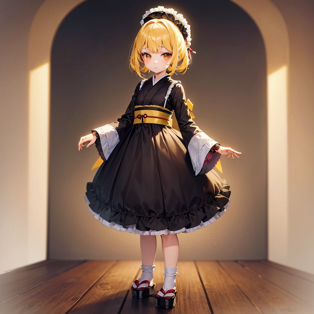 ((Japanese clothing)),((Lolita Fashion)),Cute little ,Tiny ,Small girl,,Childish face, Very fine clean face,Top quality,Straight Hair,Yellow hair,(Dark Room), Subtle light, Natural light,Soft lighting,Light from directly behind,(Open your hands), (Are standing),Front view,Black background