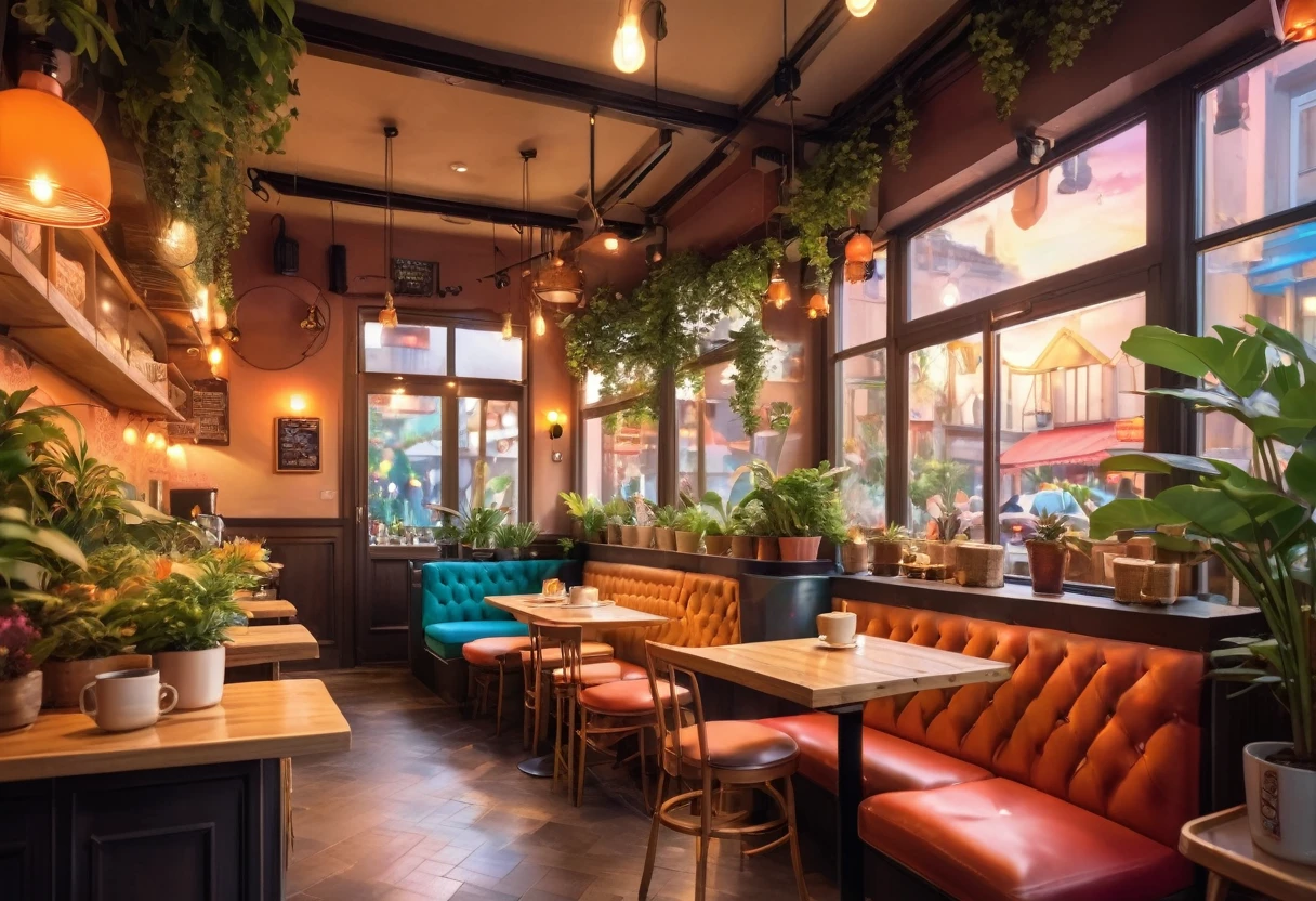 Anime Style, The interior of the coffee shop is painted with exquisite detail and vibrant colors.. Delicate steam rising from hot cappuccino coffee on the table, The seats are fitted with soft, colorful cushions, Lots of potted plants, Create a cozy and inviting atmosphere. Soft lighting casts a warm, beautiful glow over the dreamy scene, It's evening, An ideal place to relax and escape from reality. (Prompts B and C) Anime Style coffee shop interior, Steaming hot coffee on the table, Creating a cozy space, Beautiful and dreamy atmosphere. (High resolution, 8K) Super detailed anime illustration of a coffee shop interior, Display a hot cup of coffee on a table, Create a warm and cozy atmosphere