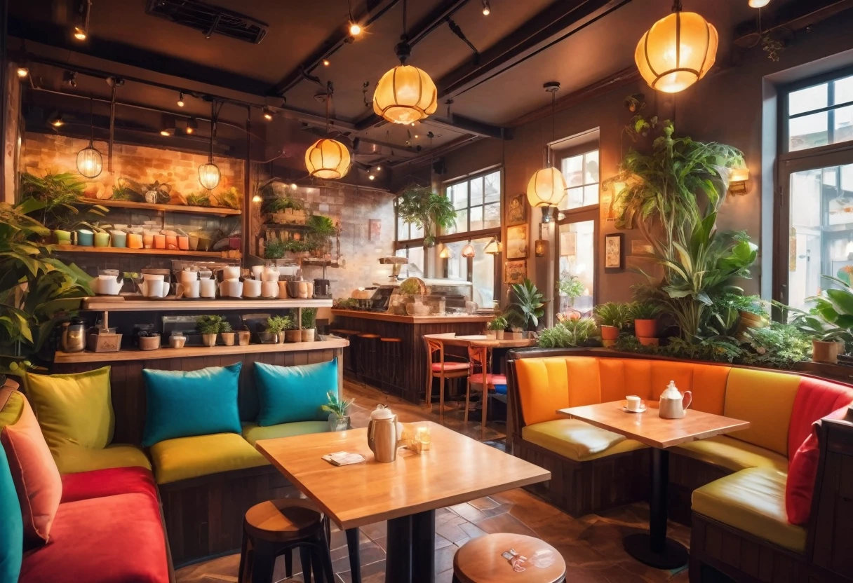 Anime Style, The interior of the coffee shop is painted with exquisite detail and vibrant colors.. Delicate steam rising from hot cappuccino coffee on the table, The seats are fitted with soft, colorful cushions, Lots of potted plants, Create a cozy and inviting atmosphere. Soft lighting casts a warm, beautiful glow over the dreamy scene, It&#39;s evening, An ideal place to relax and escape from reality. (Prompts B and C) Anime Style coffee shop interior, Steaming hot coffee on the table, Creating a cozy space, Beautiful and dreamy atmosphere. (High resolution, 8K) Super detailed anime illustration of a coffee shop interior, Display a hot cup of coffee on a table, Create a warm and cozy atmosphere