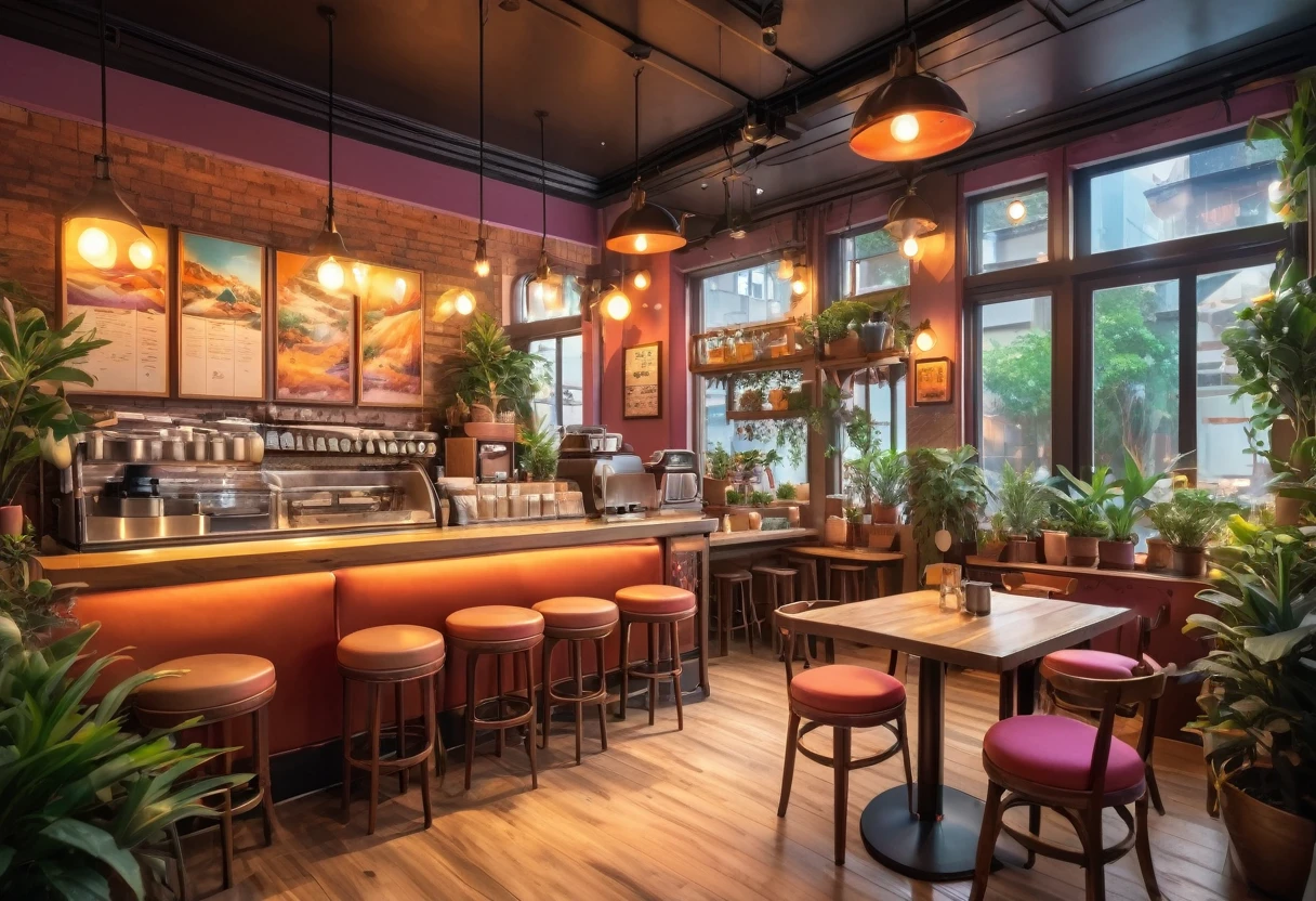 Anime Style, The interior of the coffee shop is painted with exquisite detail and vibrant colors.. Delicate steam rising from hot cappuccino coffee on the table, The seats are fitted with soft, colorful cushions, Lots of potted plants, Create a cozy and inviting atmosphere. Soft lighting casts a warm, beautiful glow over the dreamy scene, It's evening, An ideal place to relax and escape from reality. (Prompts B and C) Anime Style coffee shop interior, Steaming hot coffee on the table, Creating a cozy space, Beautiful and dreamy atmosphere. (High resolution, 8K) Super detailed anime illustration of a coffee shop interior, Display a hot cup of coffee on a table, Create a warm and cozy atmosphere