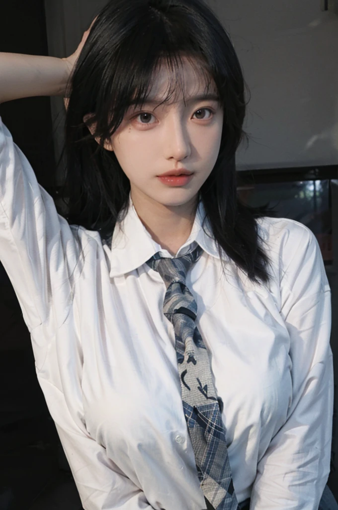 Best quality,masterpiece,ultra high res,(photorealistic:1.4),1girl,sexy,(shirt and tie:1.2),(large breast:1.3),(upper body:1.4)