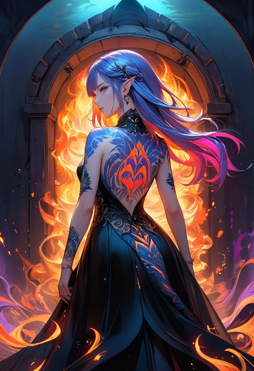 a picture of a (((shark tattoo: 1.5))) on the back of a female elf, Dark fantasy art, fantasy art, goth art,, a glowing tattoo of a ((shark: 1.3)) on the back of the elf, the ((shark tattoo)) is vivid, intricate detailed coming to life from the ink to real life, GlowingRunesAI_purple, ((fire surrounds the shark: 1.5)), shoot taken from the back, ((the back is visible: 1.3), she wears a transparent black dress, the dress is elegant, flowing, elven style, that the tattoos glow, dynamic hair color, dynamic hair style, faize,, Digital Painting
