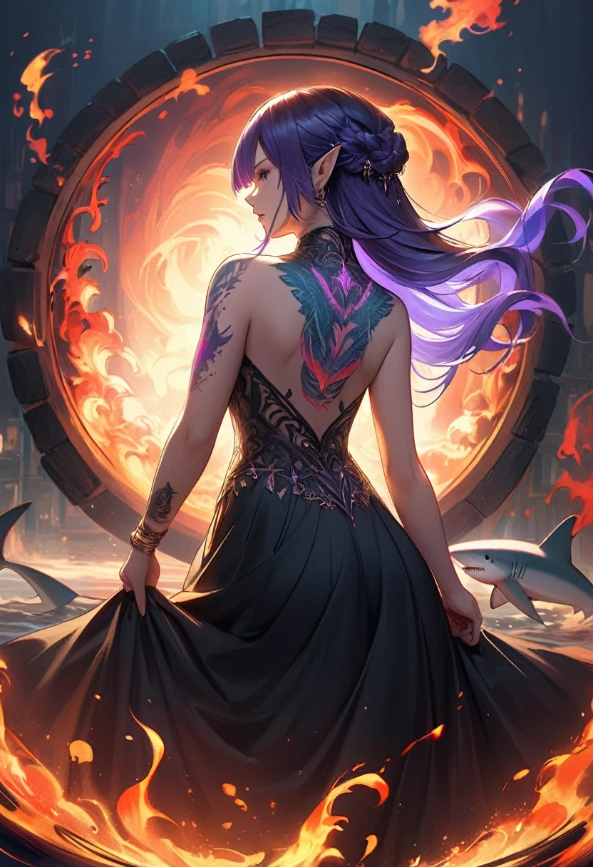  a picture of a (((shark tattoo: 1.5))) on the back of a female elf, Dark fantasy art, fantasy art, goth art,, a glowing tattoo of a ((shark: 1.3)) on the back of the elf, the ((shark tattoo)) is vivid, intricate detailed coming to life from the ink to real life, GlowingRunesAI_purple, ((fire surrounds the shark: 1.5)), shoot taken from the back, ((the back is visible: 1.3), she wears a transparent black dress, the dress is elegant, flowing, elven style, that the tattoos glow, dynamic hair color, dynamic hair style, faize,, Digital Painting