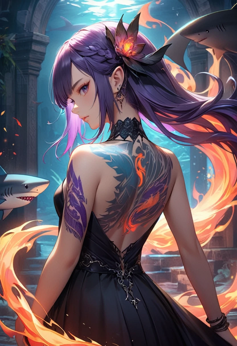  a picture of a (((shark tattoo: 1.5))) on the back of a female elf, Dark fantasy art, fantasy art, goth art,, a glowing tattoo of a ((shark: 1.3)) on the back of the elf, the ((shark tattoo)) is vivid, intricate detailed coming to life from the ink to real life, GlowingRunesAI_purple, ((fire surrounds the shark: 1.5)), shoot taken from the back, ((the back is visible: 1.3), she wears a transparent black dress, the dress is elegant, flowing, elven style, that the tattoos glow, dynamic hair color, dynamic hair style, faize,, Digital Painting