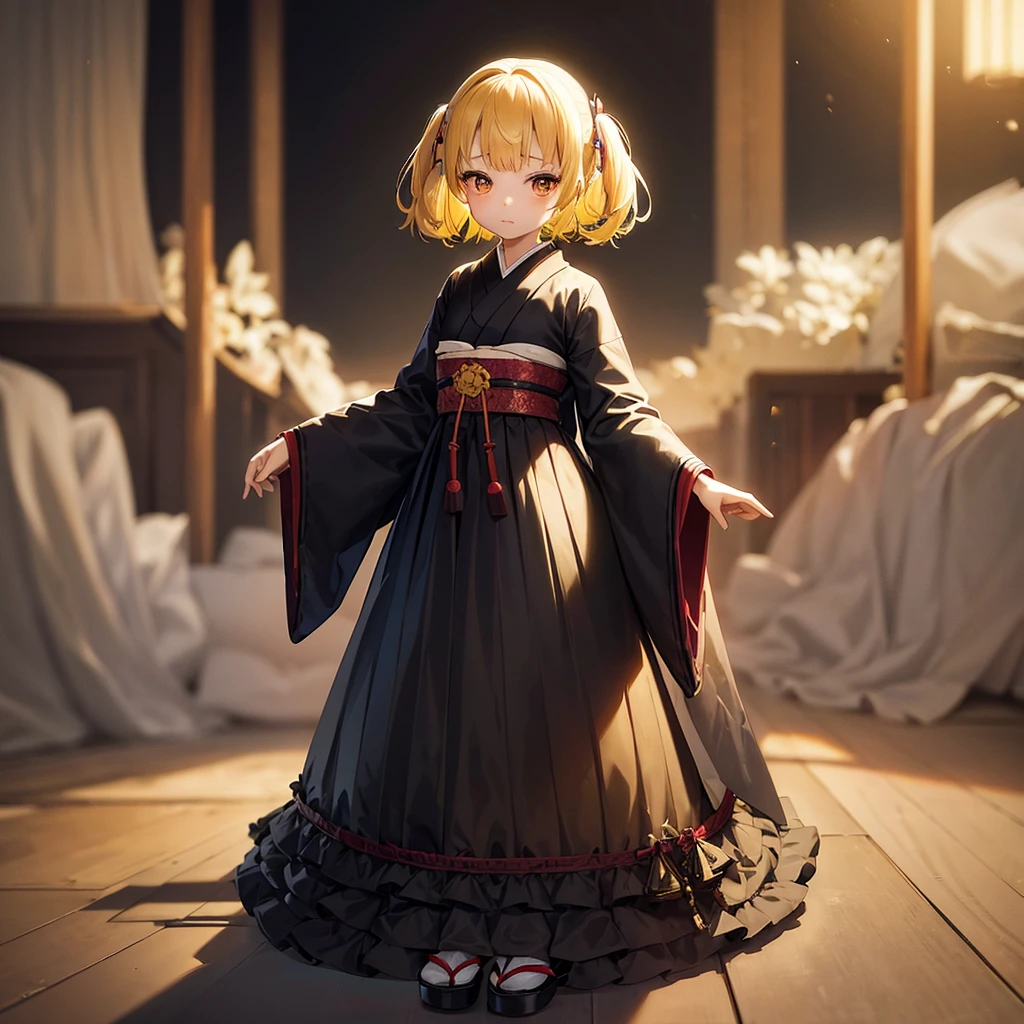 ((Japanese clothing)),((Lolita Fashion)),Cute little ,Tiny ,Small girl,,Childish face, Very fine clean face,Top quality,Straight Hair,Yellow hair,(Dark Room), Subtle light, Natural light,Soft lighting,Light from directly behind,(Open your hands), (Are standing),Front view,Black background