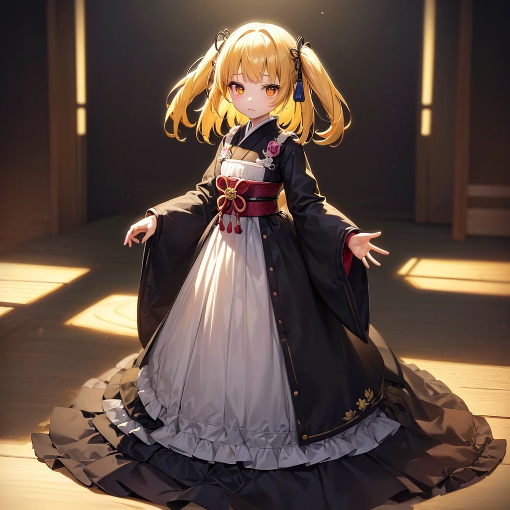 ((Japanese clothing)),((Lolita Fashion)),Cute little ,Tiny ,Small girl,,Childish face, Very fine clean face,Top quality,Straight Hair,Yellow hair,(Dark Room), Subtle light, Natural light,Soft lighting,Light from directly behind,(Open your hands), (Are standing),Front view,Black background