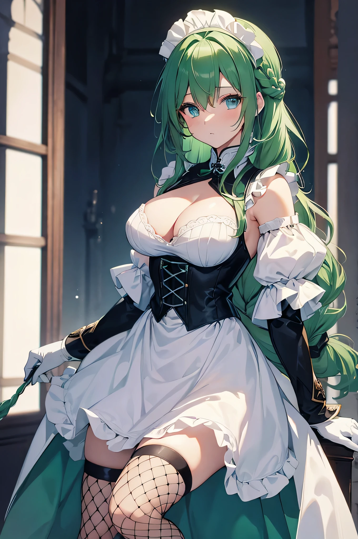 4K,High resolution,One Woman,Green Hair,Braid,Blue Eyes,Big Breasts,knight,White maid outfit,no good,Armor Boots,White gloves,Black fishnet stockings,Maid&#39;s Headband,Jewelry decoration,Long sword,Medieval castle town,Daytime Sky