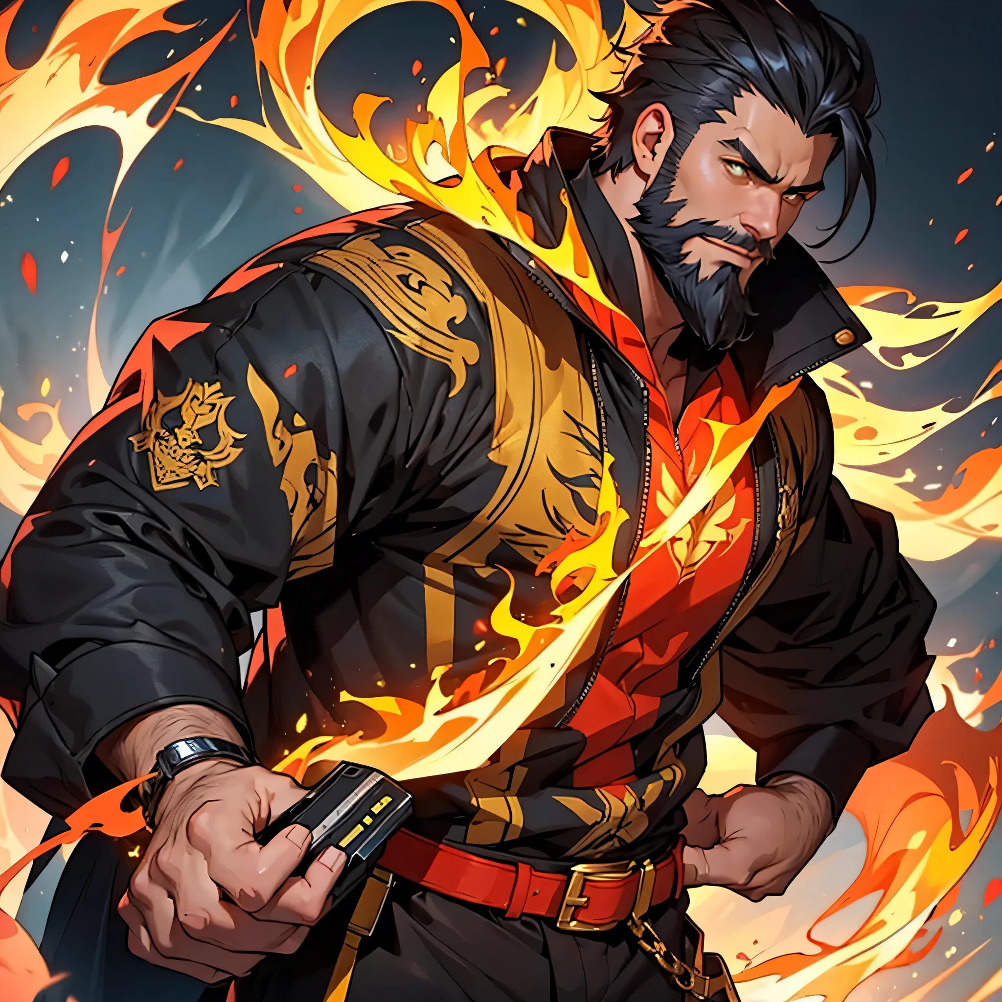Handsome boy and beautiful beard detailed his body , with your gamer clothing style with flame effects, with his serious detailed face with super powers of yellow flames