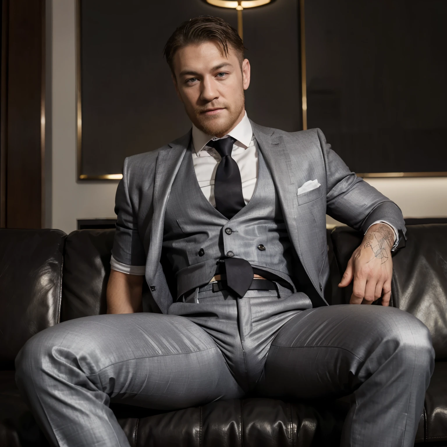 smiling conor mcgregor in shades, 30 years old,daddy,"shiny suit",wear white shirt, very shiny pants, necktie, waistcoat, shiny satin pants,dark gray satin fabric ,Daddy sit on the couch,  k hd,in the office,"big muscle" ,Bblack hair,Asian guy,masculine,man strong,the boss is,bonitas,,leather gloves,lewd father,Look ahead,dad is bonitas,dad is bonitas, dad is "horny daddy"