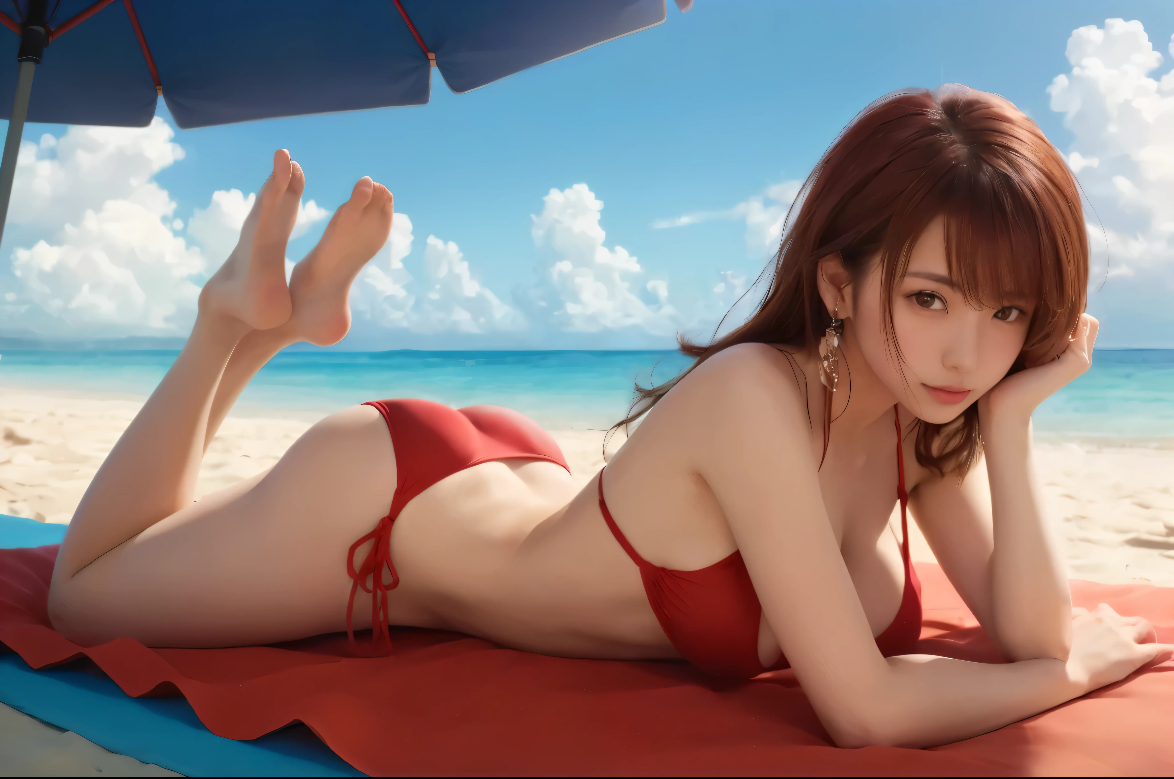 araffe woman in a red bikini laying on a beach, red bikini, trending on cgstation, deayami kojima, Yoshitomo Nara, swimsuit, realistic young gravure idol, trending at cgstation, realistic bikini, ayami kojima amano, by Torii Kiyomoto, beaching, hot with shining sun