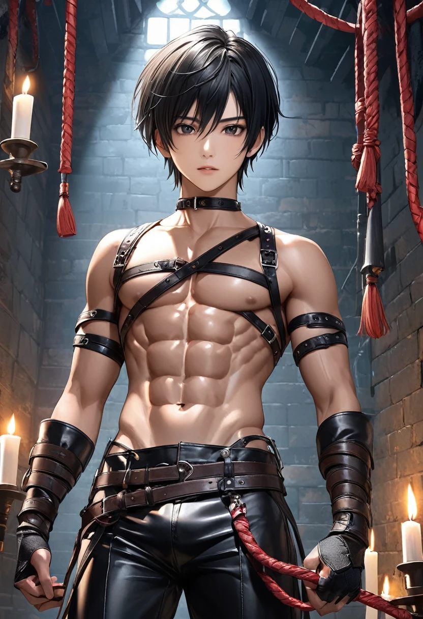 high quality, detailed, Realistic, (19 years old japanese idol boy), (detailed black eyes), (black short hair), (abs:1.5), (shiny skin), (whip), (leather bondage), dungeon, harness, (leather tiny thongs), (bulge:1.2), candle, 