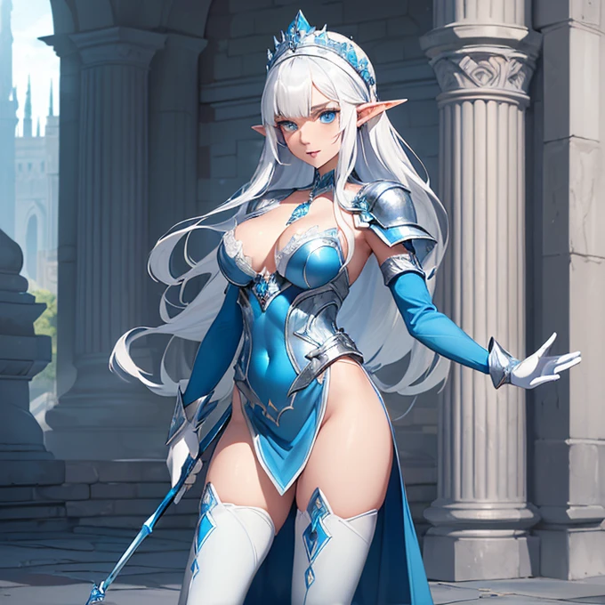 (absurdres, best high quality image, carefuly detailed features and textures, very detailed image, solo character alone, full character view): {{(1character: 23 years old half-elf princess ice girl), (pale skin, pure white medium straight hair, blue eyes with white pupils, short pointy ears, light blue lips, white eyebrows, big breasts, sexy body), (pale blue ice armor, blue royal dress under ice armor, blue royal head band, silver necklace, white long sleeved gloves, blue long boots with pointy heels), (short crystal wand), (confident demeanor, gentle smile, strong pose, wise demeanor, holding her wand with left hand), (roman style castle, sunny day morning)}}