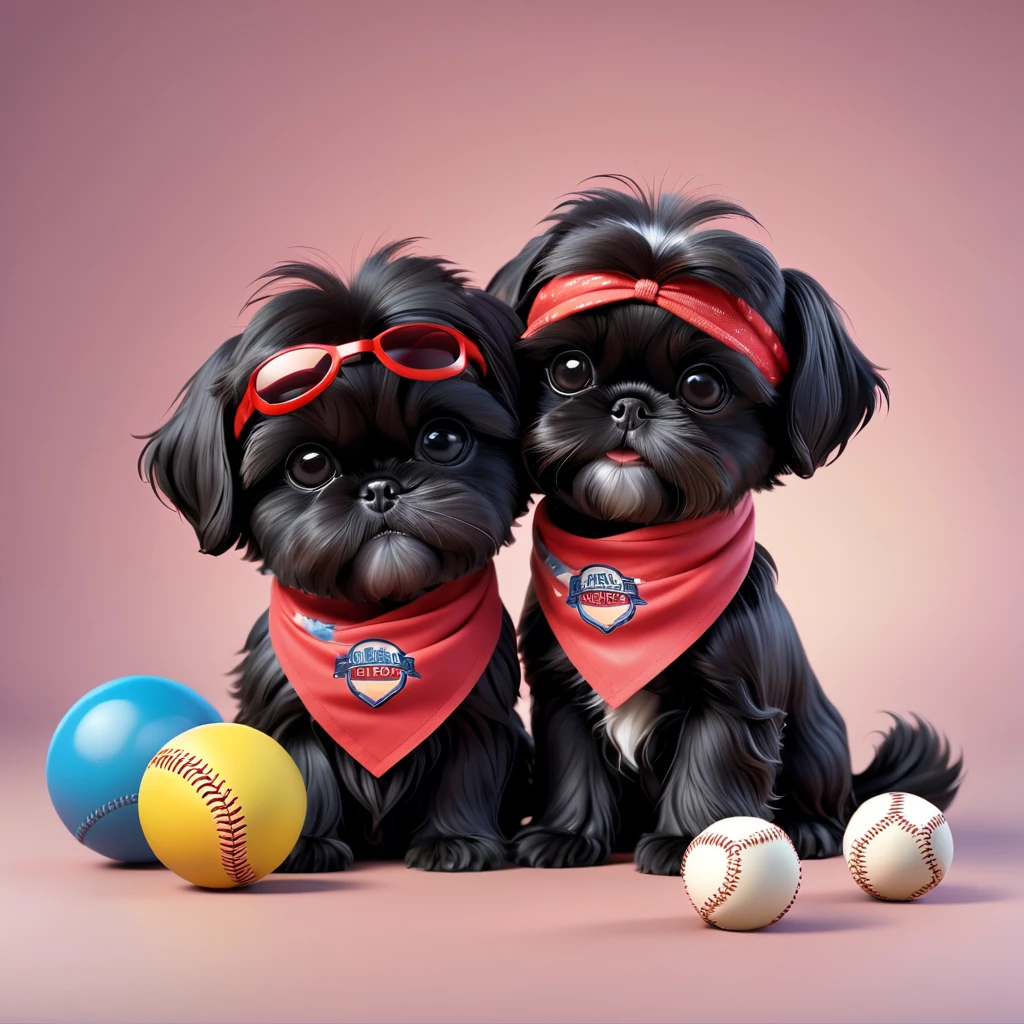 2 Adorable small black Shih Tzu puppies wearing bright bandannas sunglasses playing baseball Disney background 3d cartoon 3d render disney pixar style