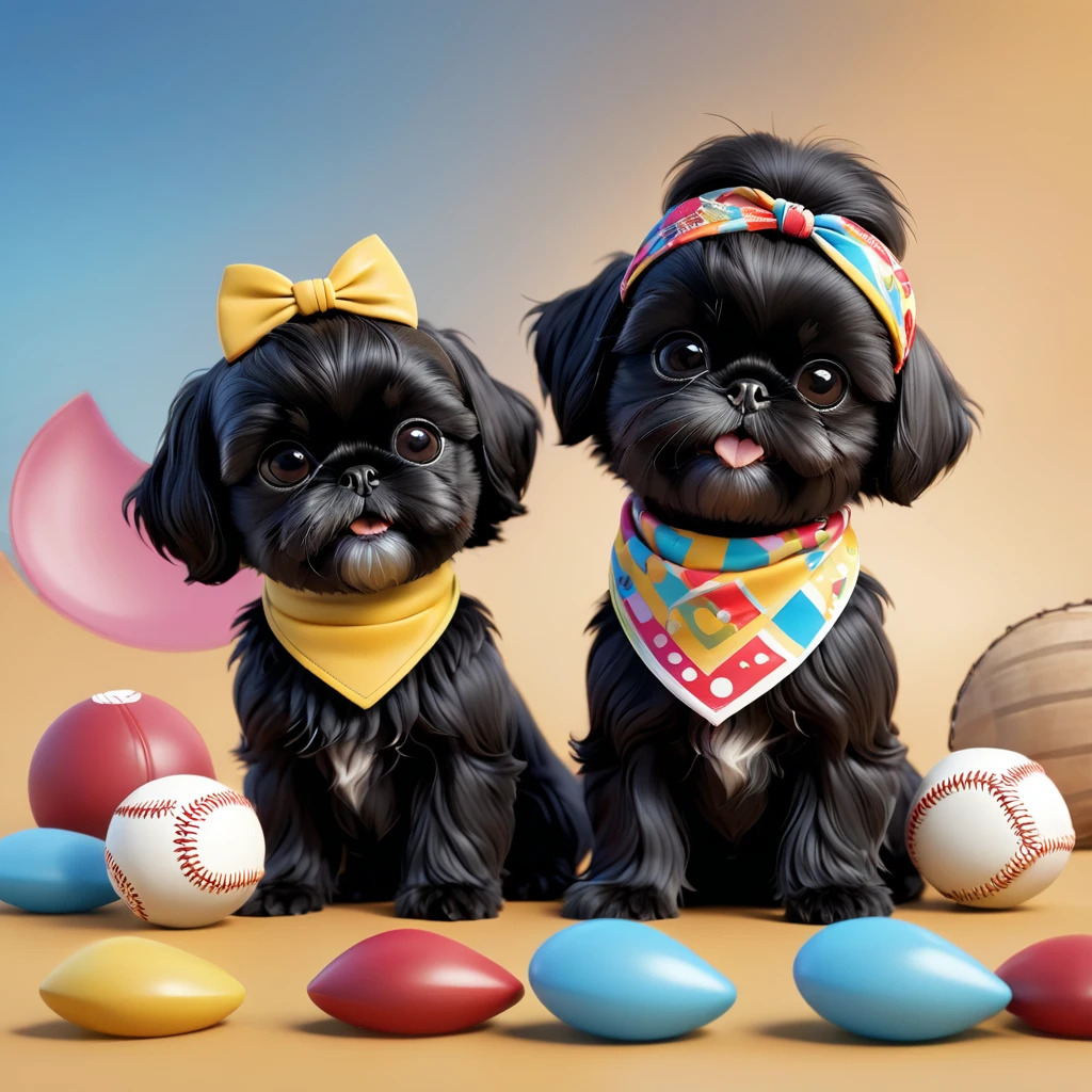 2 Adorable small black Shih Tzu puppies wearing bright bandannas sunglasses playing baseball Disney background 3d cartoon 3d render disney pixar style