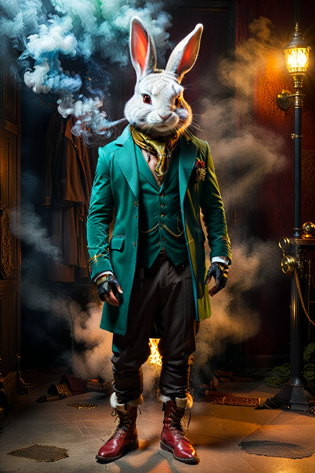Character position with blank space above the head for later editing
Use more randomness to avoid image overlap when generating images.
Use strong colors to identify which color the image belongs to.
"{Animals to be anthropomorphized|rabbits}"
"{Overall color mood|red,}"
"{Character Poses| Chest Tap}"
"{Character Costumes|Single Suits}"
"{Character Body Type|,Huge Body Type}"
Use strong colors selected by "{Overall color mood|red,gold,green,brown,blue,}"
Suspicious smoke in the background and suspicious light piercing it
Anthropomorphic animal with bipedal walk and full-body image down to the legs.
Create an image of this composition using the following rules
High resolution textures, textures, realistic details,
The background should be dark, mysterious, atmospheric, dramatic lighting
High contrast image, very high resolution,
Suspicious light in the background
Create photorealistic card game patterns.
The design will be surrounded by borders, so please use 80% from the center of the space to avoid covering the characters.
Use indirect lighting and textured backgrounds.
The central character should stand out.
Full body image, poses with movement.
Overall colors earth colors Colorful costumes Anyway, textures are realistic and detailed fashion clothes.
Wear fashionable sneakers, boots, sandals. Hats, cigars, smoke Accessories Necklaces, earrings, rings, bandanas, hats, cigars, smoke, cars, motorcycles, tattoos, etc., chosen to match costume and mood.
Real, 8K
(masterpiece, best quality, highly detailed, ultra-realistic:1.2),
anthropomorphic animal, full body portrait, standing pose,
urban setting, indoor, (high-end fashion:1.3),
(photorealistic:1.4), cinematic lighting, 8k uhd,
professional photography, fashion magazine style,
(centered composition:1.2), looking at viewer,
(detailed fur texture:1.3), expressive eyes,
designer clothing, luxury brand,
(impeccable tailoring:1.2), high fashion accessories,
moody atmosphere, dramatic shadows,
high co