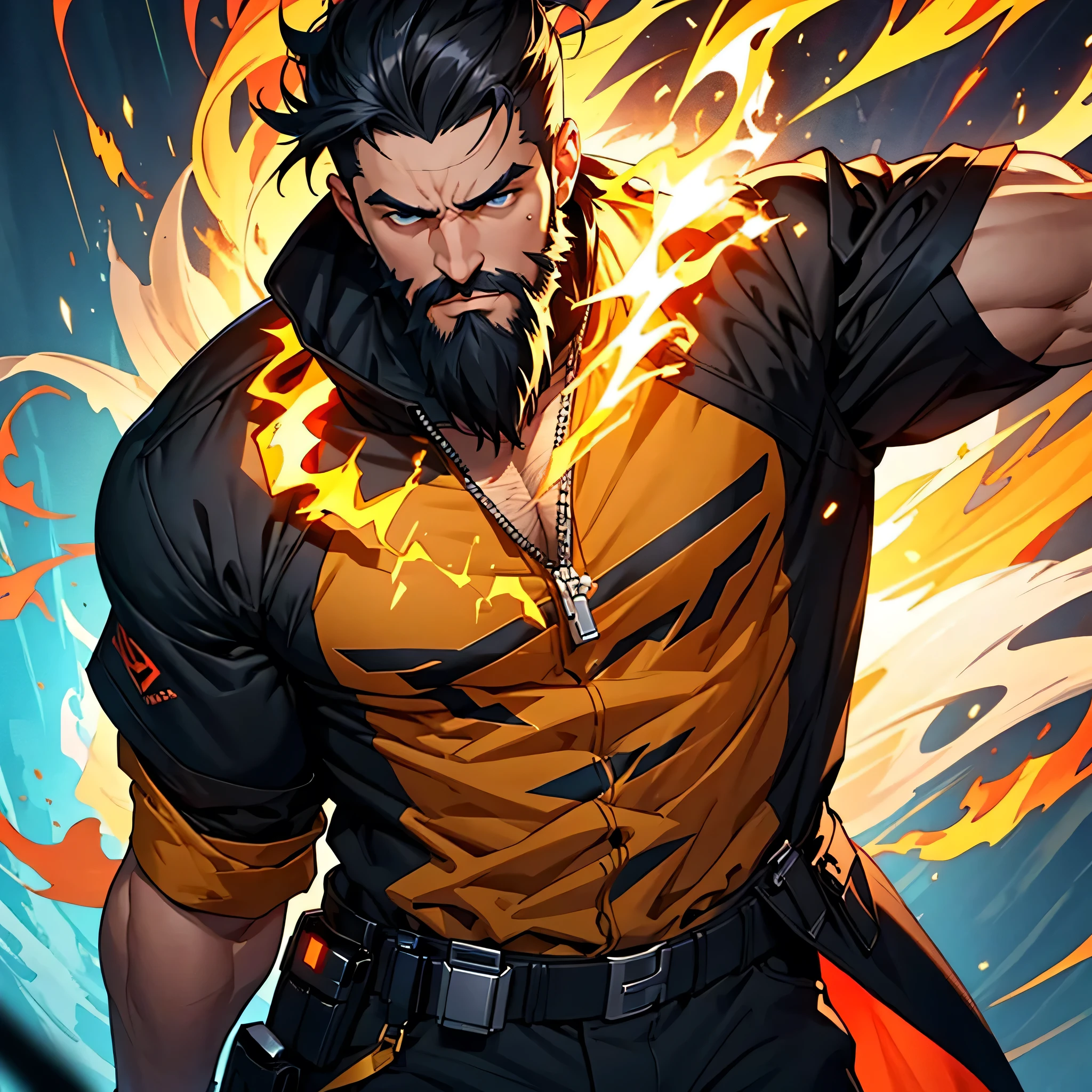 Handsome boy and beautiful beard detailed his body , with your gamer clothing style with flame effects, with his serious detailed face with super powers of yellow flames