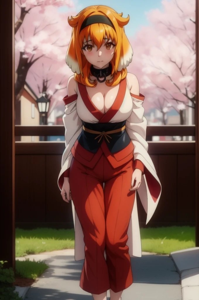 1girl, solo, adult mature woman, age 30, high quality, best quality, highres, high detail, standing, pikkyroxanne, looking at viewer, orange hair, blonde hair, hair between eyes, bangs, brown eyes, breasts, animal ears, collar, black hairband, hairband, tail, dog tail, dog ears, cleavage, floppy ears, black collar, dog girl, Japanese kimono, traditional design, submissive pose, serene garden setting, cherry blossoms, sunset hues, vibrant, detailed, 8k resolution, sneeze, standing, full body