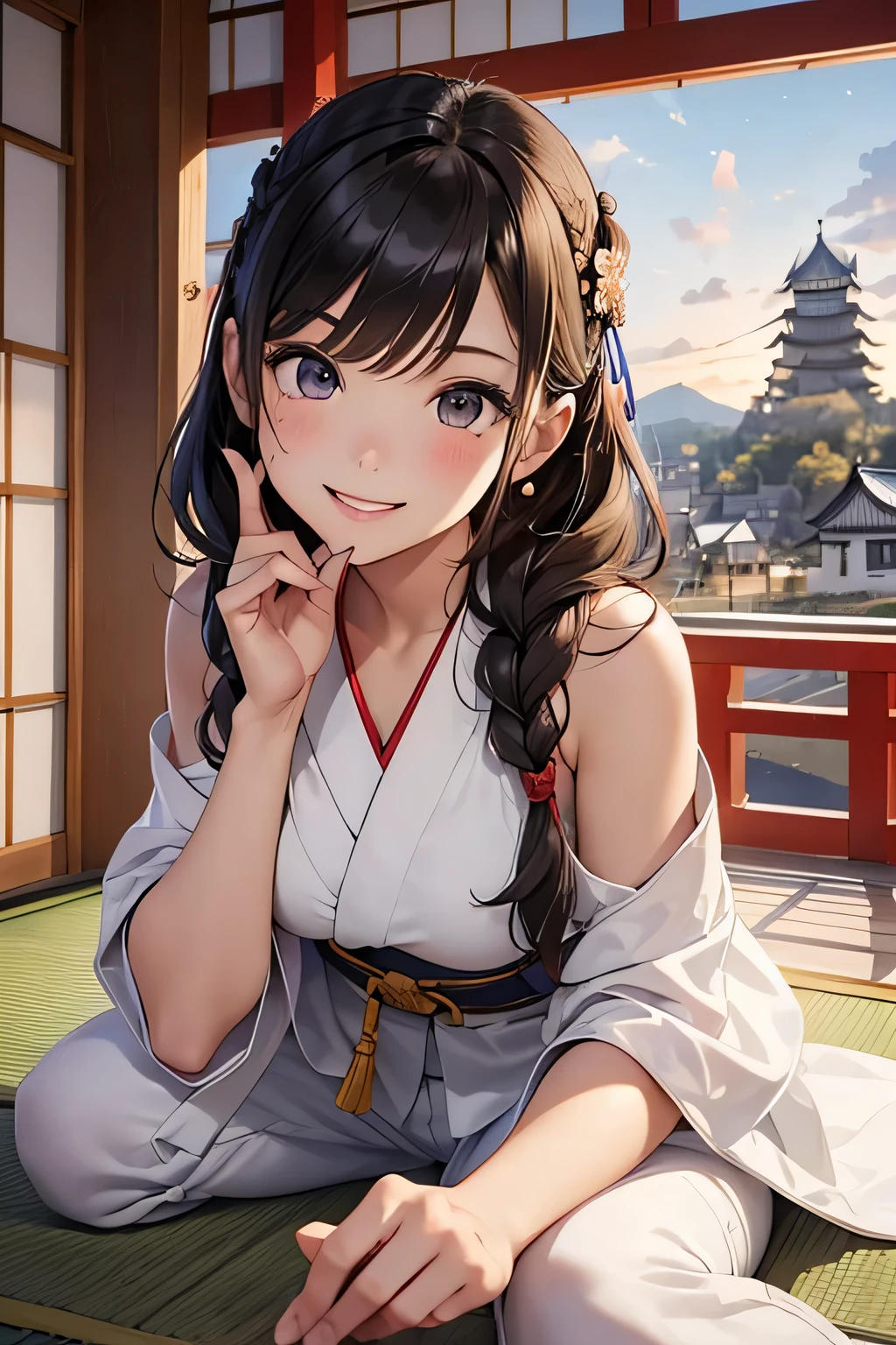 Highest quality、High resolution、Detailed Background、(Beautiful face in every detail:1.4)、Anatomically correct、(Draw the usual number of fingers:1.2)、(Detailed facial expressions)、(Detailed eyes:1.2)、(Detailed eyes:1.2)、Teenage beauty、(Highly detailed face:1.4)、Brown Hair、Braided Ponytail、Braided Bob、Braided long hair、Wavy Hairstyle、well-groomed eyebrows、cute eye makeup、Cute Lip Makeup、cute gesture、Show the whole body、Himeji castle、Inuyama Castle、Matsumoto Castle、Hikone Castle、
(A beautiful girl with a big smile with a Japanese castle in the background:1.5)、
Choose a cool chiffon dress or camisole dress for a light and airy look.、
It is recommended to wear it with casual shoes such as sandals or sneakers.、
Add some glamour with hair accessories、
A clean, all-white look is stylish for midsummer、
Sleeveless or tank tops、Bottoms include shorts and wide pants.、
We recommend natural materials for accessories such as sandals.、cute、
Matsumoto Castle、The castle tower has a unique dark color and a dignified appearance that leaves an impression.、
The interior of the castle tower has also been well preserved, allowing you to imagine what it was like back then.