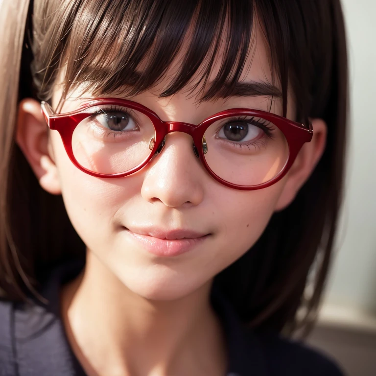 a masterpiece portrait of a beautiful young woman with a small face and a cute embarrassed smile expression, wearing red glasses , wearing a  and a short skirt, in an office setting, shot with a DSLR camera, high-quality 8k UHD image with realistic skin details, detailed facial features, rim lighting, lying on the bed