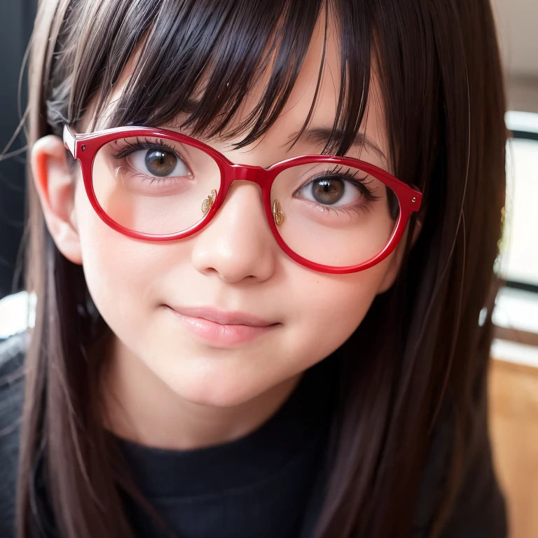 a masterpiece portrait of a beautiful young woman with a small face and a cute embarrassed smile expression, wearing red glasses , wearing a  and a short skirt, in an office setting, shot with a DSLR camera, high-quality 8k UHD image with realistic skin details, detailed facial features, rim lighting, lying on the bed